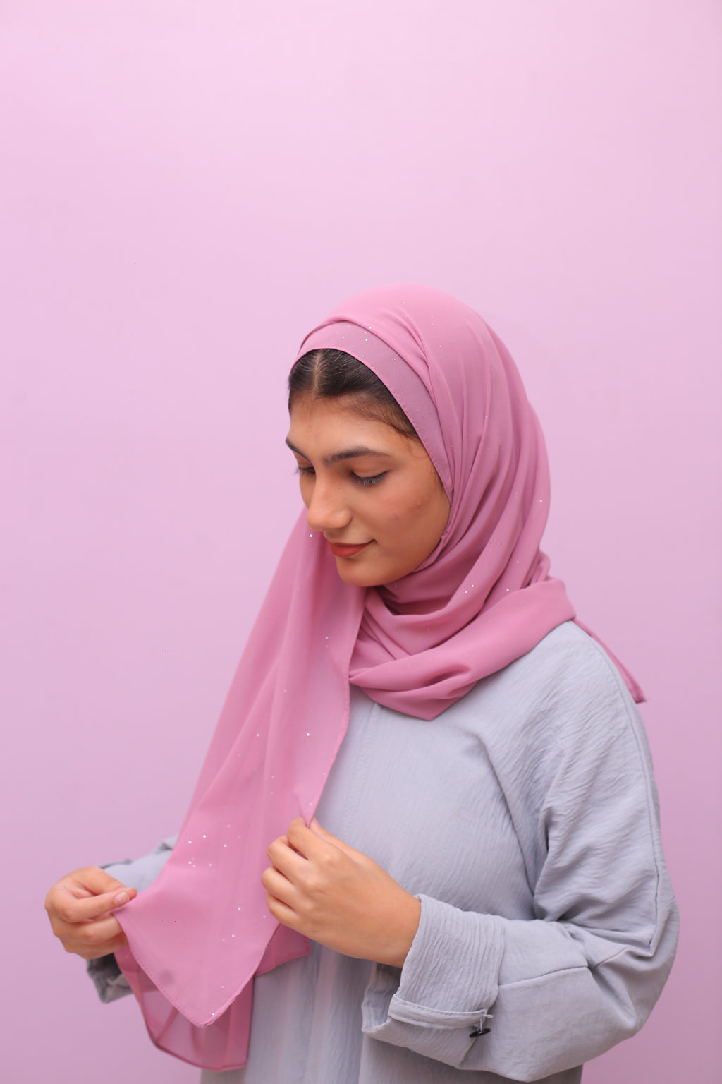 Glittery Georgette Hijab – Silver Rose